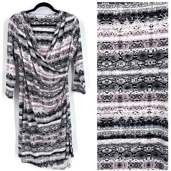 Calvin Klein Snake Skin Print Ruched faux Wrap Midi Dress medium office career - Picture 1 of 8